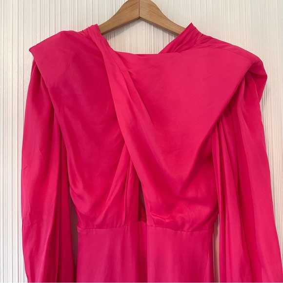NEW! Farm Rio x Anthropologie Maxi/Midi Pink/ Long-Sleeve Cutout/Keyhole Satin - Picture 9 of 15